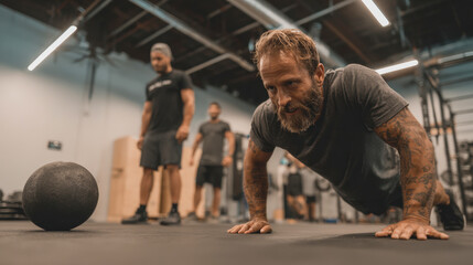 Man performs push ups in gym, showcasing strength and determination. Two individuals observe, creating atmosphere of motivation and teamwork