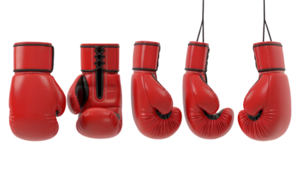 Red boxing gloves hanging sport equipment fight gear training workout png isolated on white background