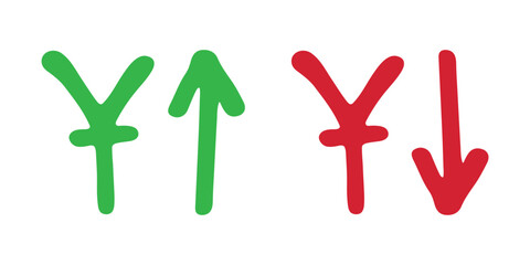 Hand drawn chinese yuan currency symbol Growth and fall profit with arrow up and down Brush stroke doodle Element for design