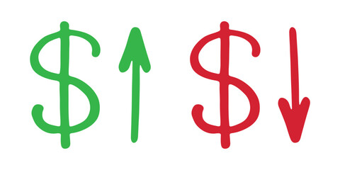 Obraz premium Hand drawn dollar currency symbol Growth and fall profit with arrow up and down Brush stroke doodle Element for design