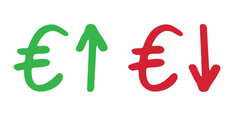 Hand drawn euro currency symbol Growth and fall profit with arrow up and down Brush stroke doodle Element for design