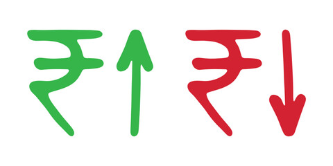 Hand drawn rupee currency symbol Growth and fall profit with arrow up and down Brush stroke doodle Element for design