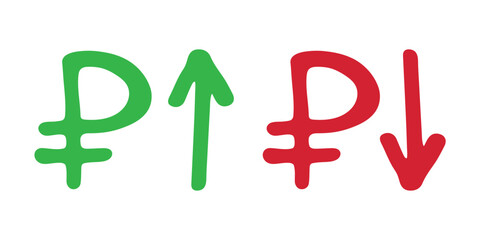 Hand drawn russian ruble currency symbol Growth and fall profit with arrow up and down Brush stroke doodle Element for design