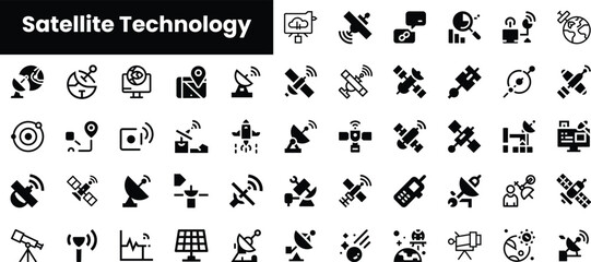 A collection of monochromatic icons representing various aspects of satellite technology, including communication, navigation, and observation tools.
