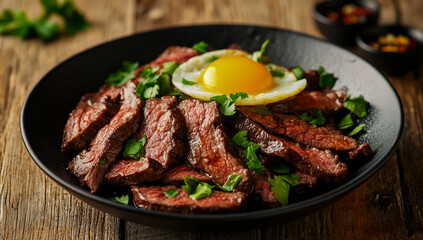A bowl of beef topped with tender marinated beef slices, topped with a delicious sauce and soft-cooked egg,