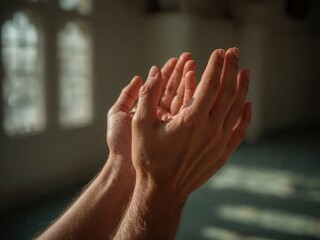 Close-up of hands raised in prayer inside a mosque, bathed in soft natural light from arched windows. A peaceful moment of Islamic devotion and spiritual connection with God.