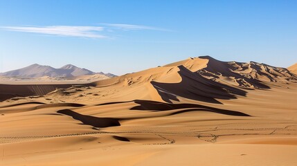 Stunning view of Taklamakan Desert, a vast arid landscape in Xinjiang, China, featuring towering sand dunes, shifting sands, camel caravans, sparse desert plants, and clear blue skies, with sun settin