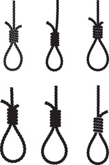 Six Black Rope Nooses Hanging on White Background Depicting Suicide or Execution