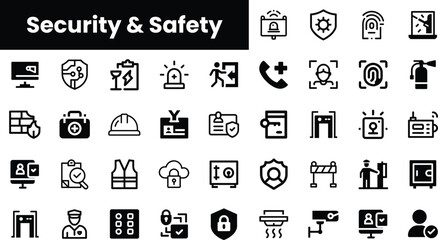 A diverse collection of black and white icons representing security and safety, showcasing various elements like alarms, shields, and emergency tools.