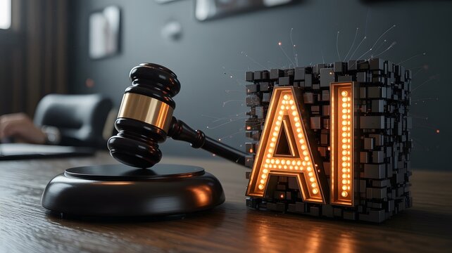 Symbolic representation of artificial intelligence impacting the legal system with a judge s gavel and illuminated ai text in a modern office setting