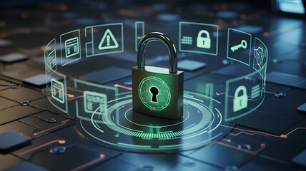 Digital security padlock glowing with a green keyhole symbol surrounded by a futuristic holographic ring of cybersecurity icons representing data protection and network safety