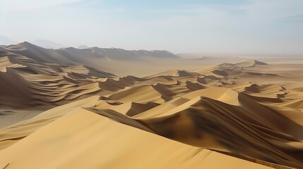 Stunning view of Taklamakan Desert, a vast arid landscape in Xinjiang, China, featuring towering sand dunes, shifting sands, camel caravans, sparse desert plants, and clear blue skies, with sun settin