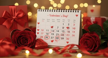 Romantic Valentine's Day Countdown with Red Roses, Gifts, and Marked Calendar