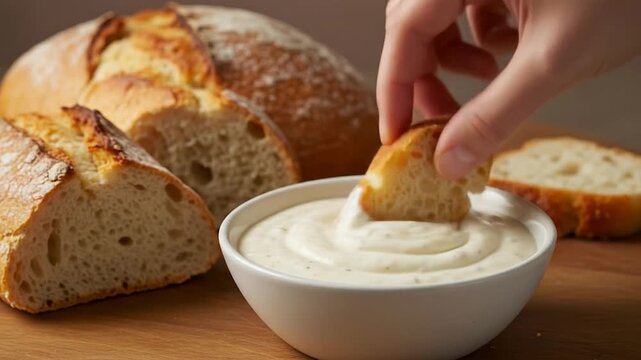 Close-up of dipped bread &ndash; piece of bread dipped in creamy sauce in detailed and rich texture