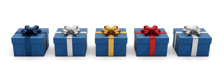 Five blue gift boxes with different colored ribbons, each with a different shape and size, are placed against a white background.