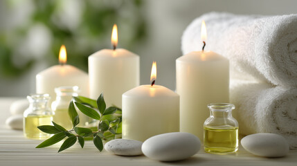 Serene Spa Setting with White Candles and Towels