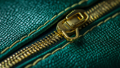 A close-up of the zipper on a sophisticated handbag, featuring intricate green stitching and gold accents, evoking a sense of luxury and elegance.