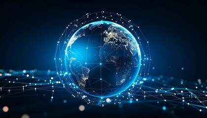 Illuminated globe encased in a network of glowing lines against a dark backdrop