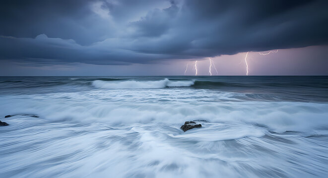 Dramatic ocean waves crash ashore under a stormy sky with powerful lightning strikes illuminating the dark clouds and sea, creating a breathtaking natural spectacle.