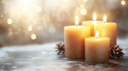 Christmas candles on snow, warm bokeh background. Possible use holiday greeting card, seasonal advertisement