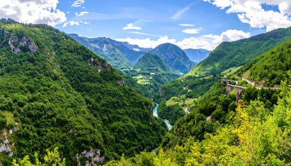 Scenic View of Tara River Canyon in Montenegro with the Djurdjevica Bridge