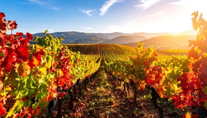 Scenic Vineyard Landscape at Sunrise, Capturing the Beauty of Autumnal Colors