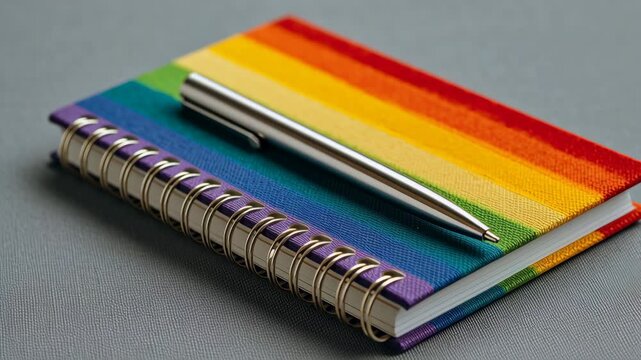 LGBTQ and diversity concept, Colorful notebook with a silver pen on a textured surface.