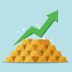 A vibrant green arrow dramatically ascends above a large pile of gleaming gold bars, symbolizing growth, success, and financial prosperity in a simple, modern illustration.