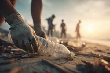 Hands picking up plastic bottles on a beach at sunrise. Volunteers clean up trash