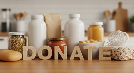 Charitable food donation concept with various groceries and the word DONATE on a wooden kitchen table, a scene of community support and giving.