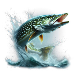 Colorful pike leaping from water with vivid green shades, transparent background. Modern look ideal for bold outdoor gear and fishing wear