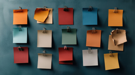 Colorful sticky notes arranged in grid on dark teal wall, each held by paperclip. notes vary in color, including orange, blue, red, and beige, creating vibrant and organized display