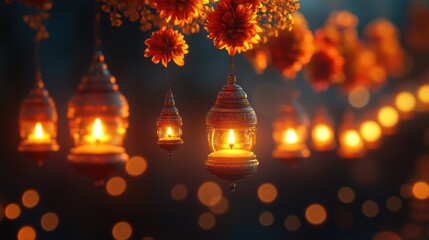 Illuminated lanterns, floral decorations, evening ambiance