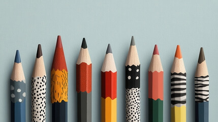 Colorful pencils with unique patterns stand upright against light blue background, showcasing creativity and variety. Each pencil features distinct designs, including polka dots, stripes