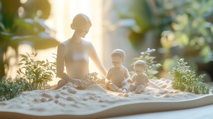 Mother and children figurines, sunlit display, garden scene, potential gift or art piece