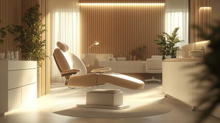 Modern spa treatment room interior, sunlight, relaxation, peaceful atmosphere. Possible use Stock photo for spa, wellness, or beauty
