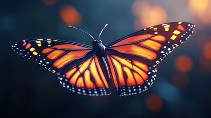 Monarch butterfly in flight, glowing wings, bokeh background, nature