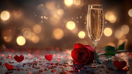 Romantic Champagne Glass and Rose on Valentine's Day