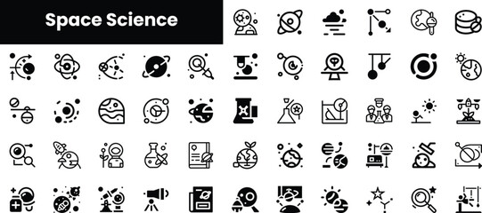 A collection of black and white icons representing various concepts in space science, showcasing planets, telescopes, and astronomical phenomena in a minimalist design.