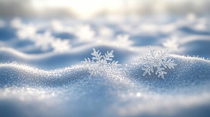 Snowflakes on a snow-covered landscape. Use for winter scenes, holidays, nature, or backgrounds
