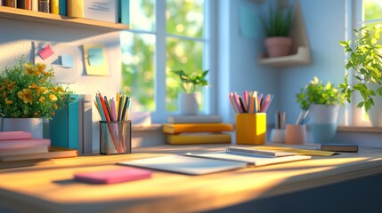 Sunny study desk with books, pencils, and plants