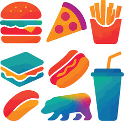 Colorful Watercolor Style Fast Food Icons with a California Bear Silhouette