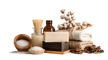 Bath products arranged with natural materials and light wooden accents
