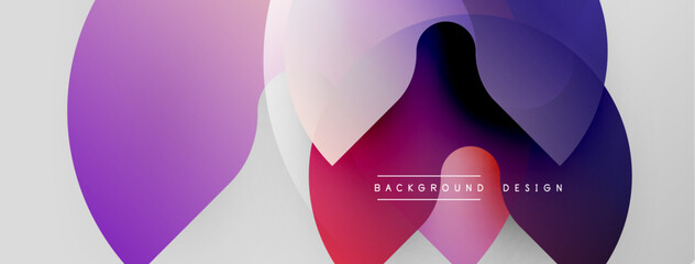 Abstract overlapping circles create vibrant gradient effect. Modern design features purple, pink, blue hues. Minimalist composition.