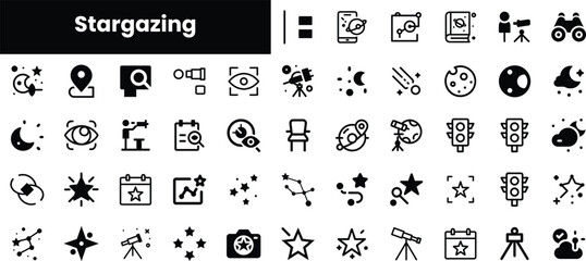 A collection of minimalist star gazing icons featuring celestial objects, telescopes, star formations, and astrological symbols in monochrome design.