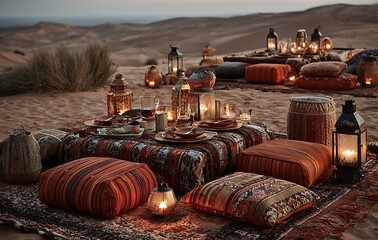 Romantic Desert Picnic at Sunset with Lanterns and Pillows