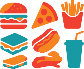 Colorful Cartoon Fast Food Icons Burger Pizza Fries Hotdog Sandwiches and Drink