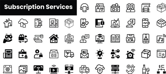 A diverse collection of subscription service icons, illustrating various sectors from entertainment to health, all in a sleek monochrome style.