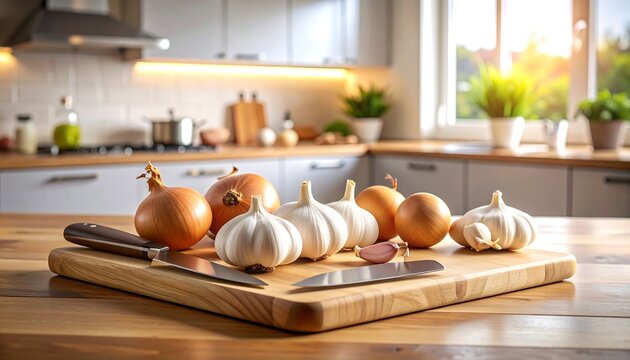 Kitchen scene with onions and garlic - Powered by Adobe