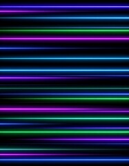 Horizontal neon lines of blue, green, and purple on a black background